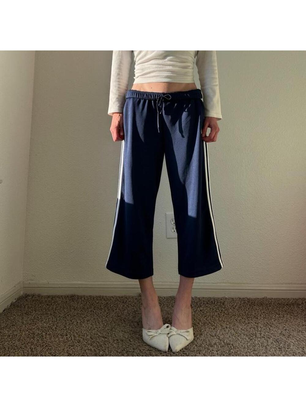 y2k Adidas low rise wide leg cropped navy blue & white striped track capris